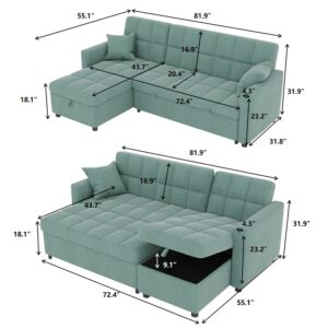 Sectional Sleeper Sofa Couch with Pull Out Bed, Sofa Bed with Storage Chaise for Living Room, Convertible L-Shaped Couch 3 Seat with Pillows (Green)