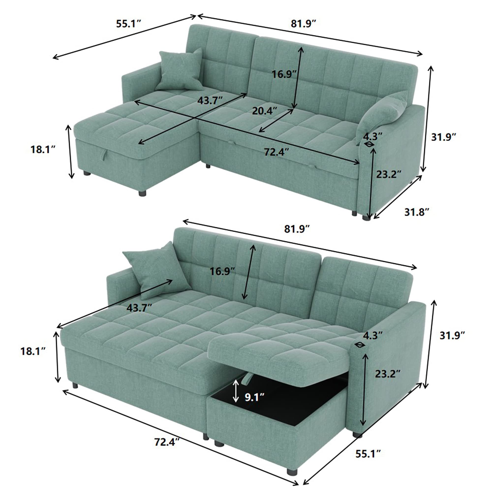 Sectional Sleeper Sofa Couch with Pull Out Bed, Sofa Bed with Storage Chaise for Living Room, Convertible L-Shaped Couch 3 Seat with Pillows (Green)