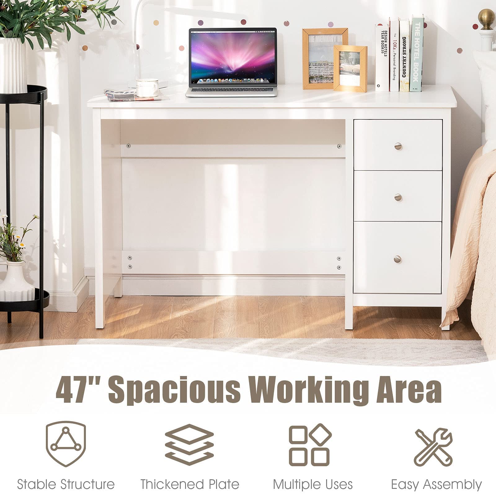 GRAFFY 3-Drawer Computer Desk, Study Desk with Spacious Desktop, Modern Writing Desk, Compact Laptop Desk, Multipurpose Workstation for Home Office (White)