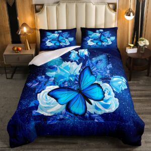 Manfei Rose Duvet Insert Queen Size Blue Butterfly Comforter Set 3pcs for Kids Girls Teens Adults Room Decor, Blue Starry Sky Bedding Set Romantic Soft Breathable Bed Quilt with 2 Pillowcases