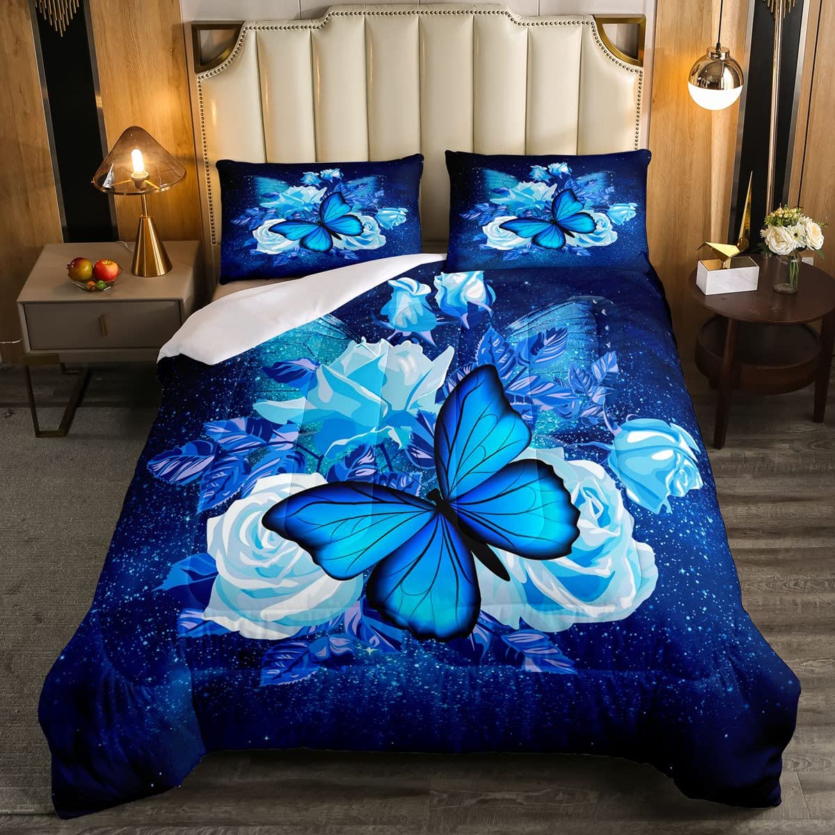 Manfei Rose Duvet Insert Queen Size Blue Butterfly Comforter Set 3pcs for Kids Girls Teens Adults Room Decor, Blue Starry Sky Bedding Set Romantic Soft Breathable Bed Quilt with 2 Pillowcases