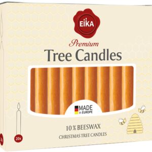 Eika Premium 10% Beeswax Tree Candles - Pack of 20 Honey Colored Natural Christmas Wax Candles for Pyramids, Carousels & Chimes - Made in Europe