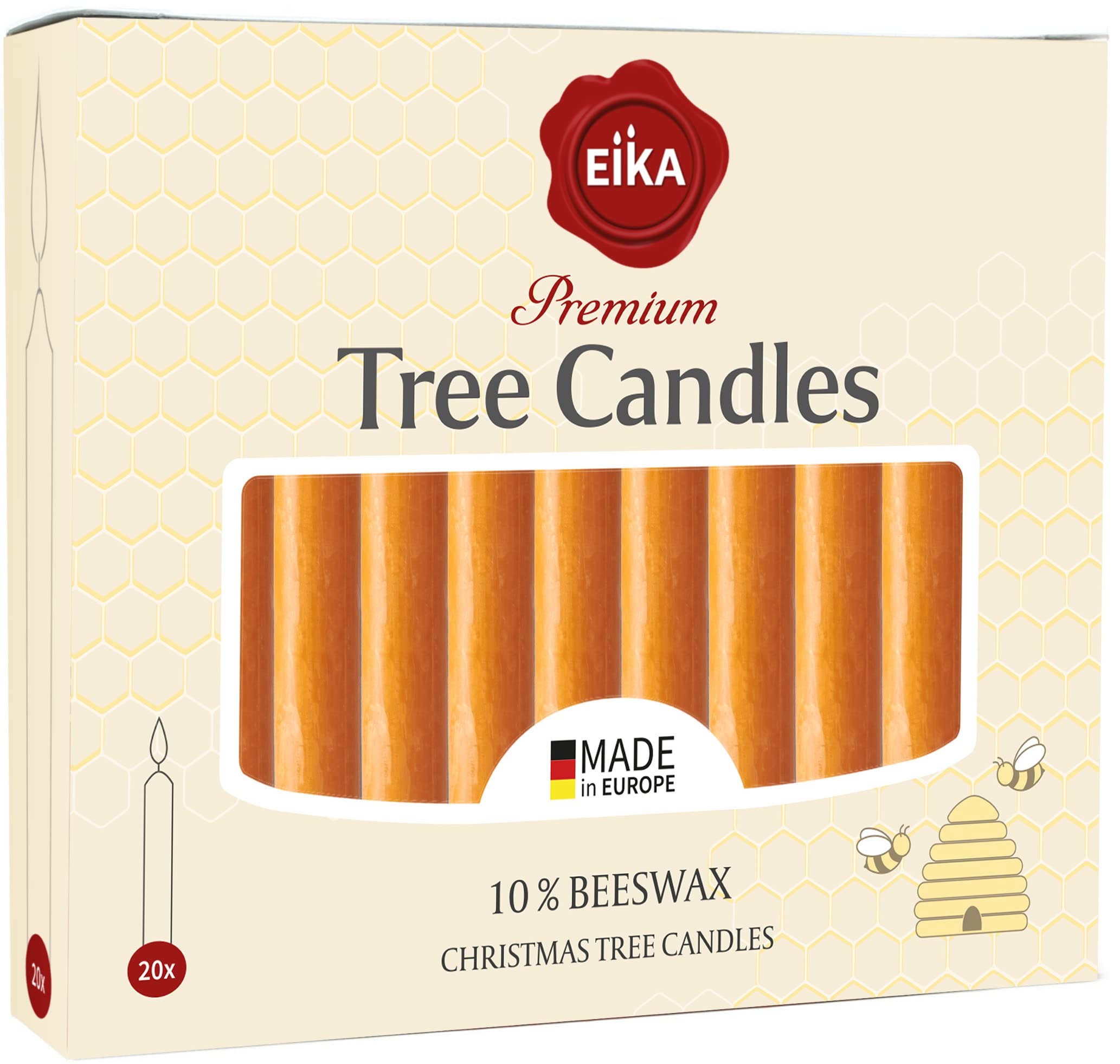 Eika Premium 10% Beeswax Tree Candles - Pack of 20 Honey Colored Natural Christmas Wax Candles for Pyramids, Carousels & Chimes - Made in Europe