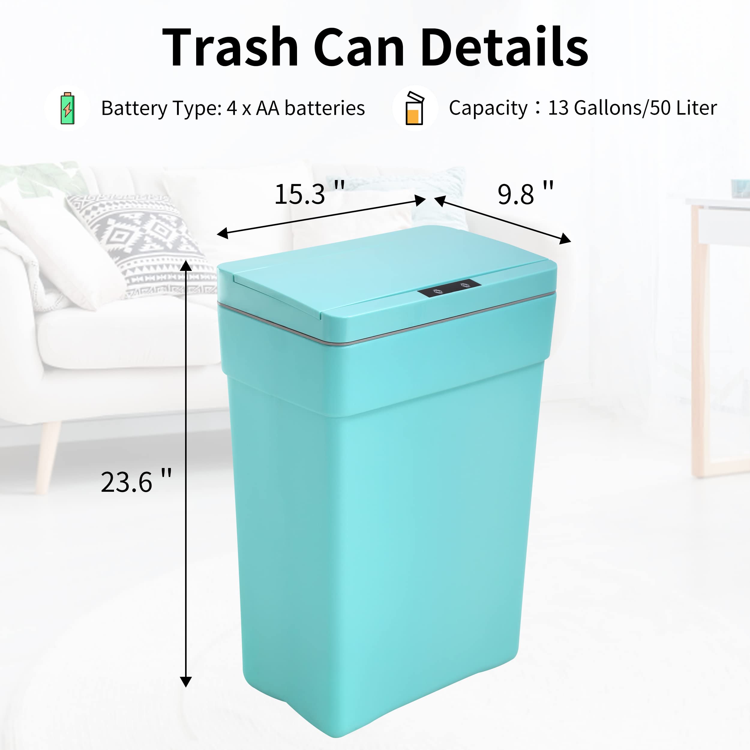 BLKMTY 13 Gallon Trash Can with Lid, Blue, Polypropylene, 13.0 Gallons, Touchless Trash Can, Automatic Garbage Bin, No Odor, Healthy Life