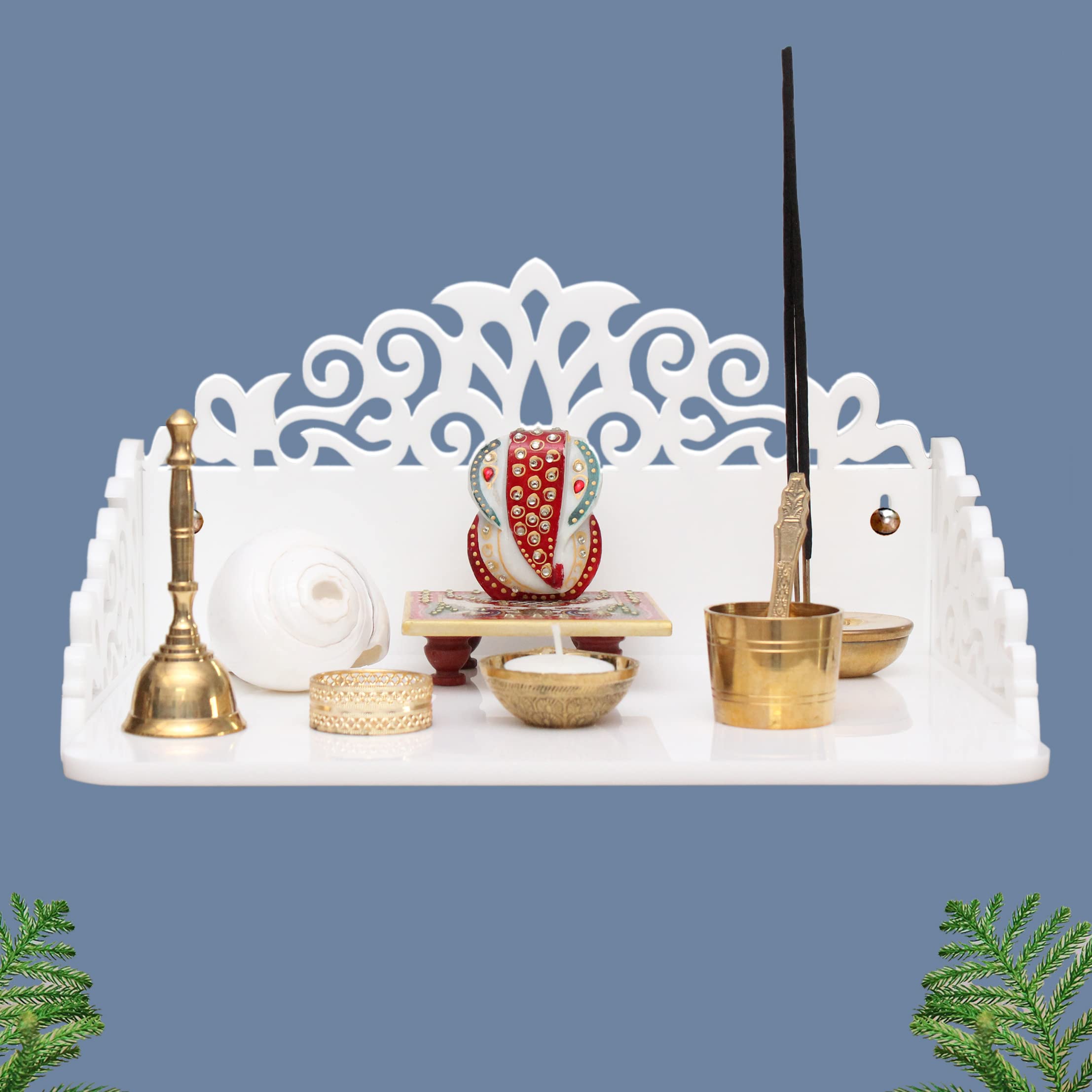 Heartily : Wall Mounted White Cast Acrylic Home Pooja Temple Mandir Puja Room Items Stand Home Decor Office Chowki Shelf Hanging Product (Height- 6.25, Length- 12 , Width-9.0 Inch) (White)