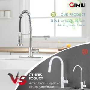 GIMILI Filter Kitchen Faucet for Water Filtration System Drinking Water Faucet 3 in1 Commercial Style Pull-Down Single Handle, Brushed Nickel (Without Water Filtration Device)