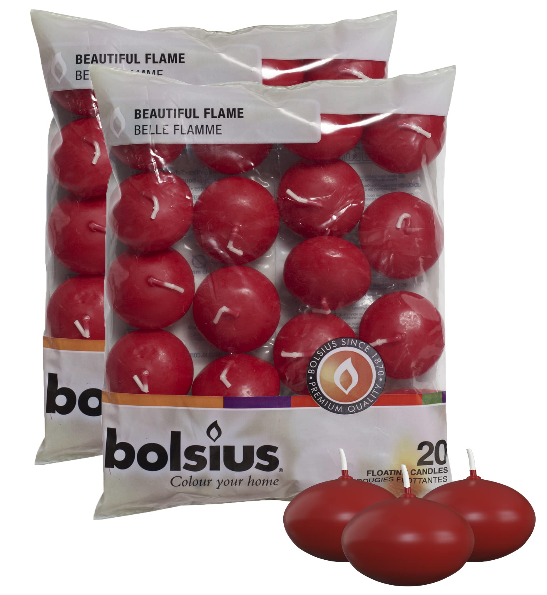 Bolsius Unscented 1.75" Floating Candles – Set of 40 Dark Red Floating Candles – Premium European Quality - Cute and Elegant Burning Candles – Candles with Nice and Smooth Flame – Party Accessories