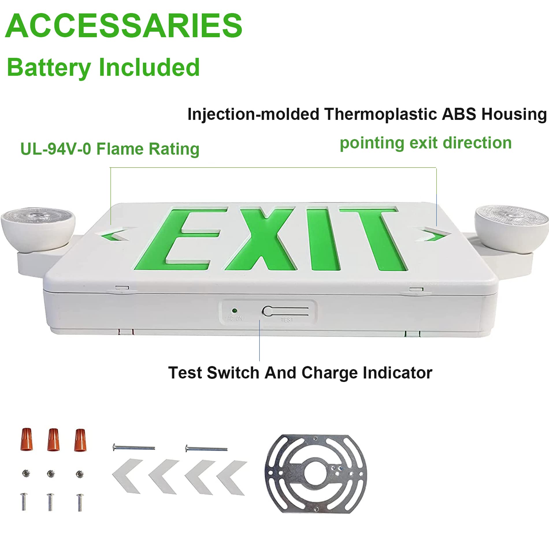 Green LED Exit Sign with Emergency Lights, Two LED Adjustable Head Emergency Exit Lights with Battery Backup, Dual LED Lamp ABS Fire Resistance UL-Listed 120-277V