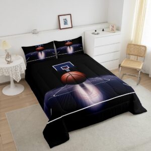 Basketball Comforter Set Queen for Boys Kids 3D Sports Games Room Decor Basketball Court Comforter Aldults Bedroom Ball Games Bedding Set 1 Comforter with 2 Pillow Cases,Lightweight Warm Soft