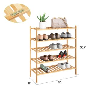 BMOSU 5-Tier Bamboo Shoe Rack Premium Stackable Shoe Shelf Storage Organizer for Hallway Closet Living Room Entryway Organizer (Natural Bamboo)