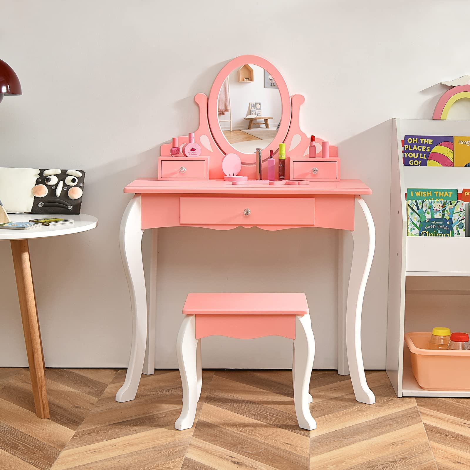 HONEY JOY Kids Vanity and Stool Set, Toddlers Pretend Play Vanity Set with 3 Drawers, 360° Rotating Oval Mirror, Wooden Girls Makeup Dressing Table for Bedroom Playroom, Gift for Little Girls (Pink)