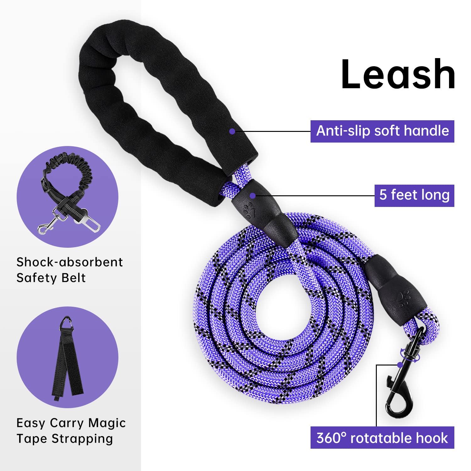 IVY&LANE No Pull Dog Harness for Small Dogs, Dog Vest Harness with Leash, Safety Belt and Storage Strap, Fully Adjustable Harness, 360° Reflective Strip, Soft Handle (Purple, S)