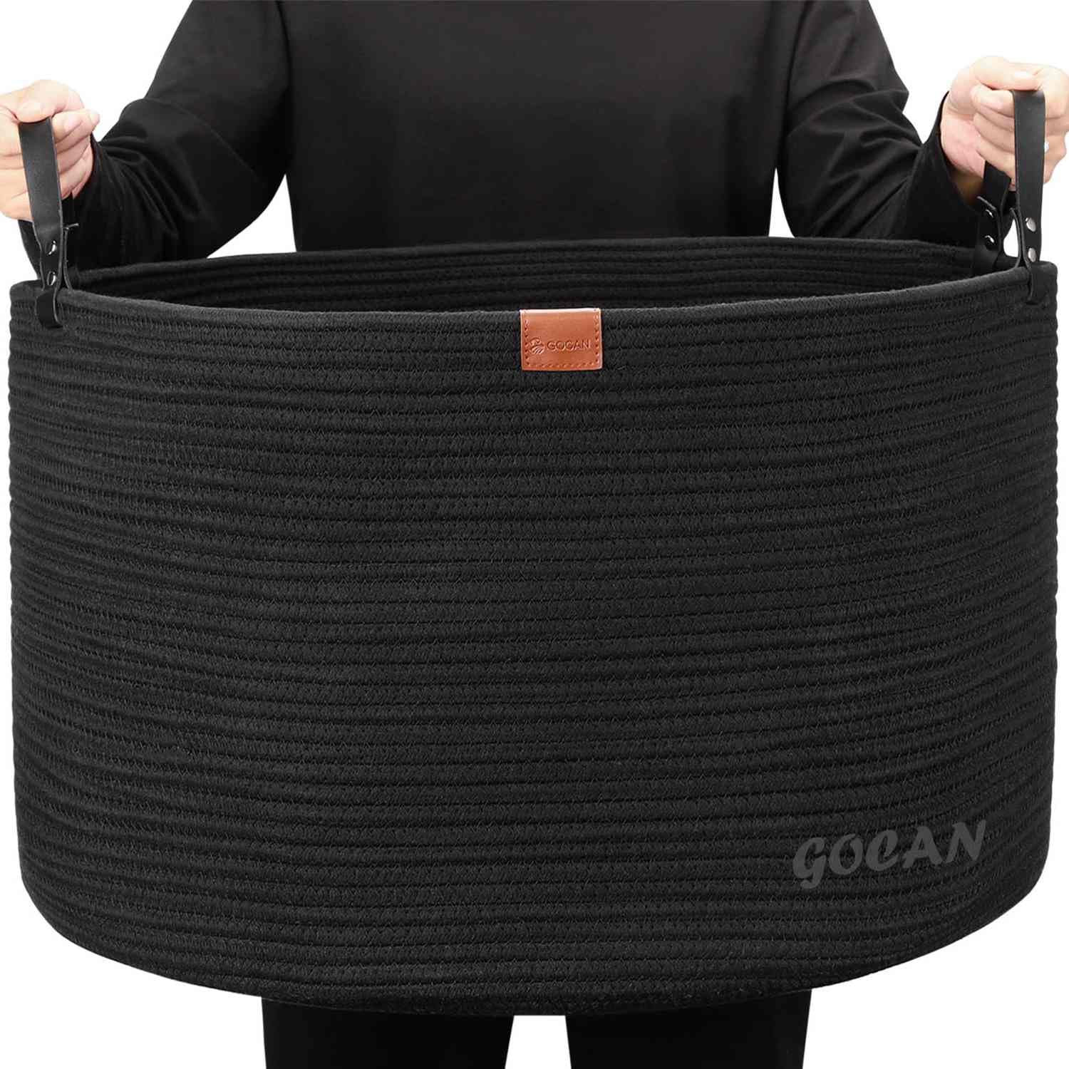 GOCAN Extra Large Storage Laundry Basket 22" X 22"X 14" Cotton Rope Woven Basket for Blanket Basket with Handles for Living Room Toys Storage XXXL (Pure Blk)