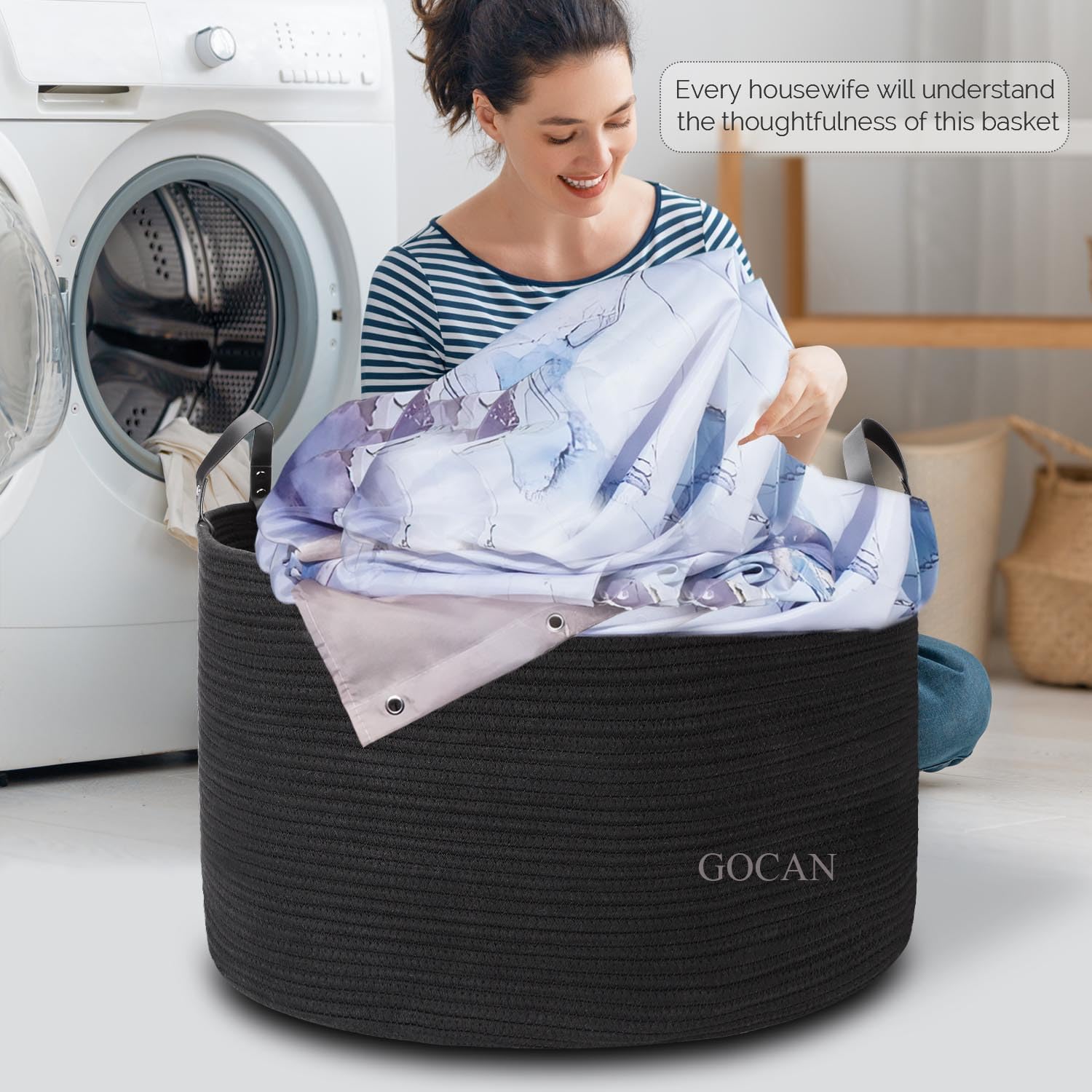 GOCAN Extra Large Storage Laundry Basket 22" X 22"X 14" Cotton Rope Woven Basket for Blanket Basket with Handles for Living Room Toys Storage XXXL (Pure Blk)