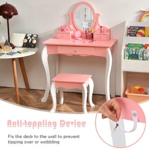 HONEY JOY Kids Vanity and Stool Set, Toddlers Pretend Play Vanity Set with 3 Drawers, 360° Rotating Oval Mirror, Wooden Girls Makeup Dressing Table for Bedroom Playroom, Gift for Little Girls (Pink)