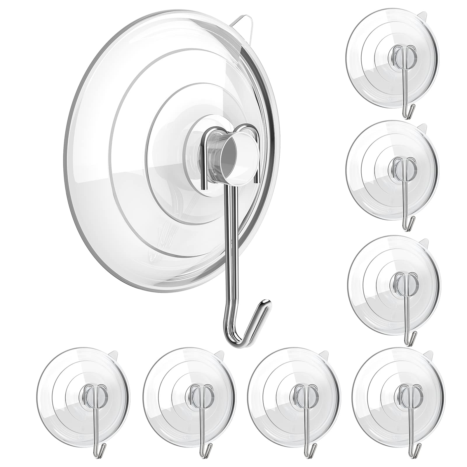 HangerSpace Suction Cup Hooks, Upgrade 2.5 Inches Clear PVC Suction Cups with Metal Hooks 7 LB Heavy Duty Removable Large Suction Cups for Kitchen Bathroom Shower Wall Window Glass Door - 8 Pack