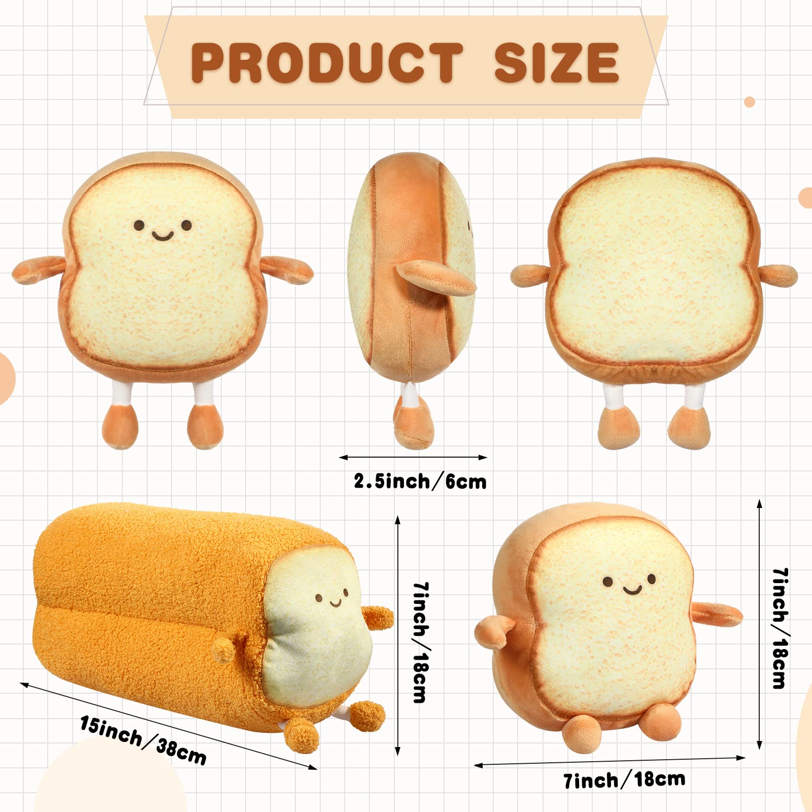 Yookeer 3 Pcs Funny Bread Pillow Toast Plush Stuffed Pillow 2 Size Cute Toast Sliced Cushion Kawaii Food Plushies Gifts for Kids Birthday Thanksgiving Christmas Decoration