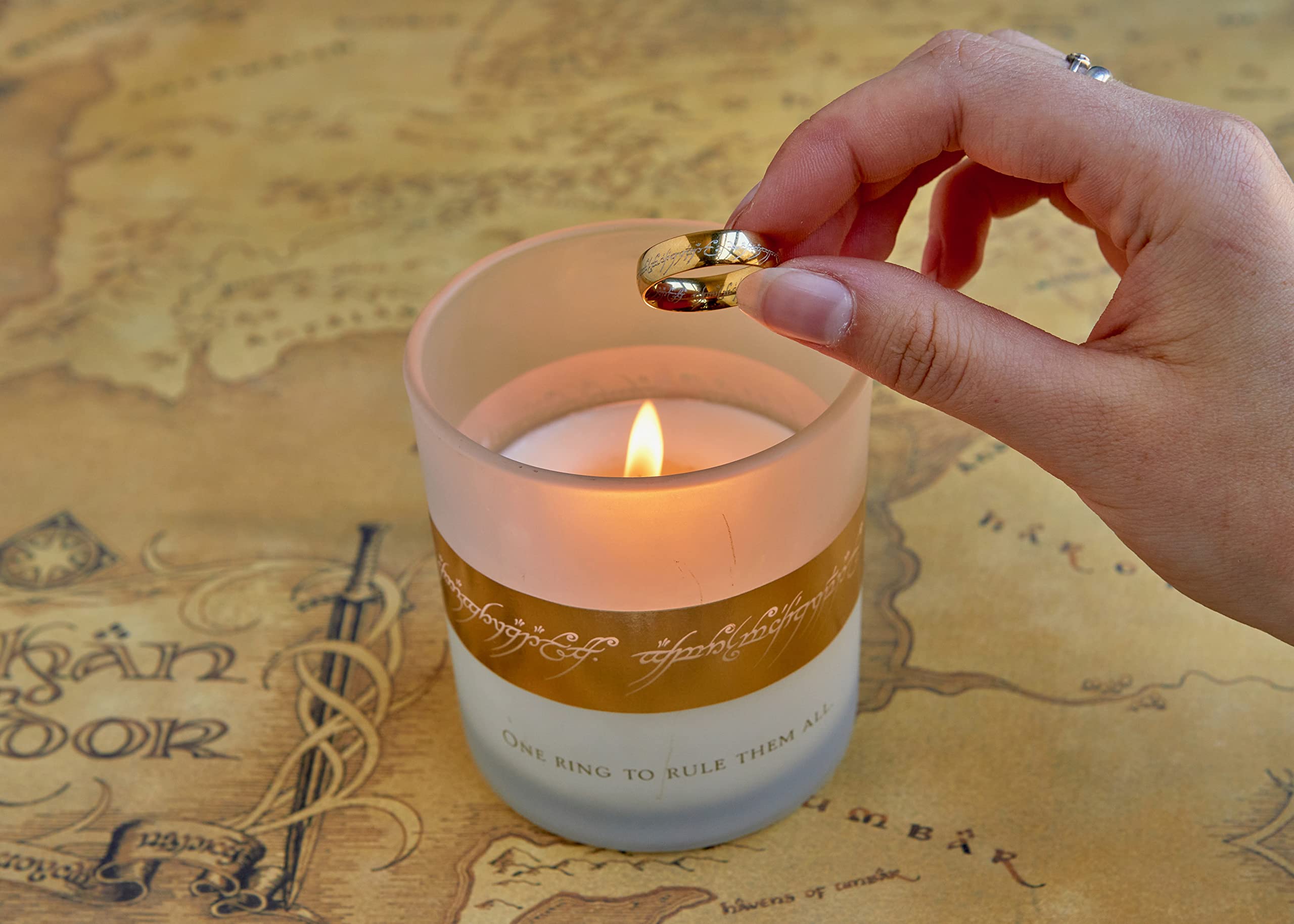 The Lord of the Rings Glass Candle, 8oz - Ring of Power Replica Reveals When Wax is Burned, Unscented - Gift for LOTR Fans