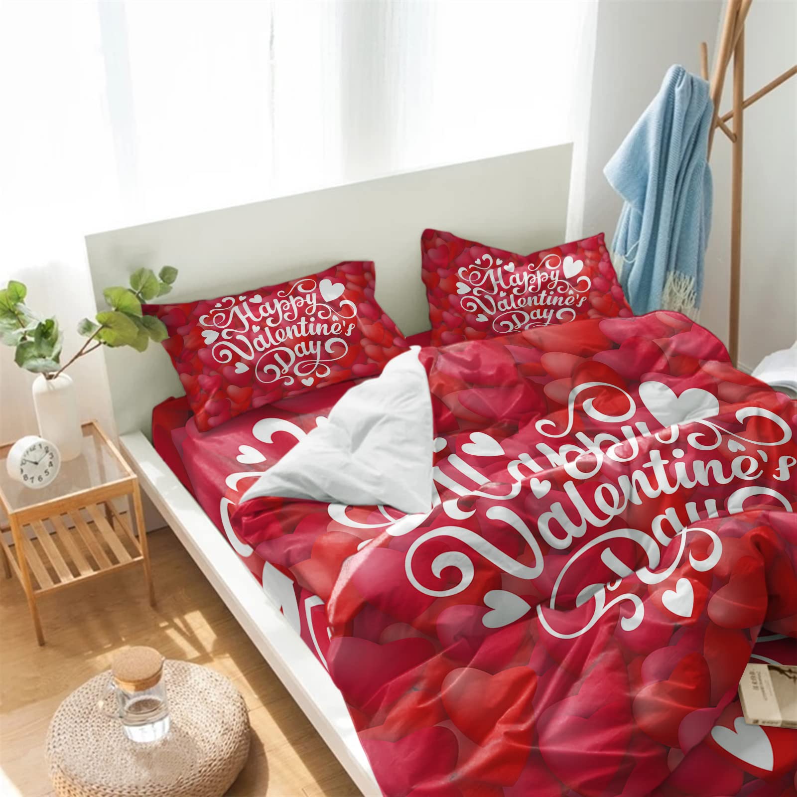 4 Pieces Queen Size Duvet Cover Bedding Sets Happy Valentine's Day Soft Bedspread Flat Sheet Decorative Pillowcases Funny Text on Red Love Heart Backdrop for Bedroom