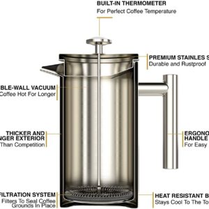 Barista Warrior French Press with Thermometer - Insulated Coffee Press - Stainless Steel French Press Coffee Maker (1.0L | 34 fl oz) (Black)