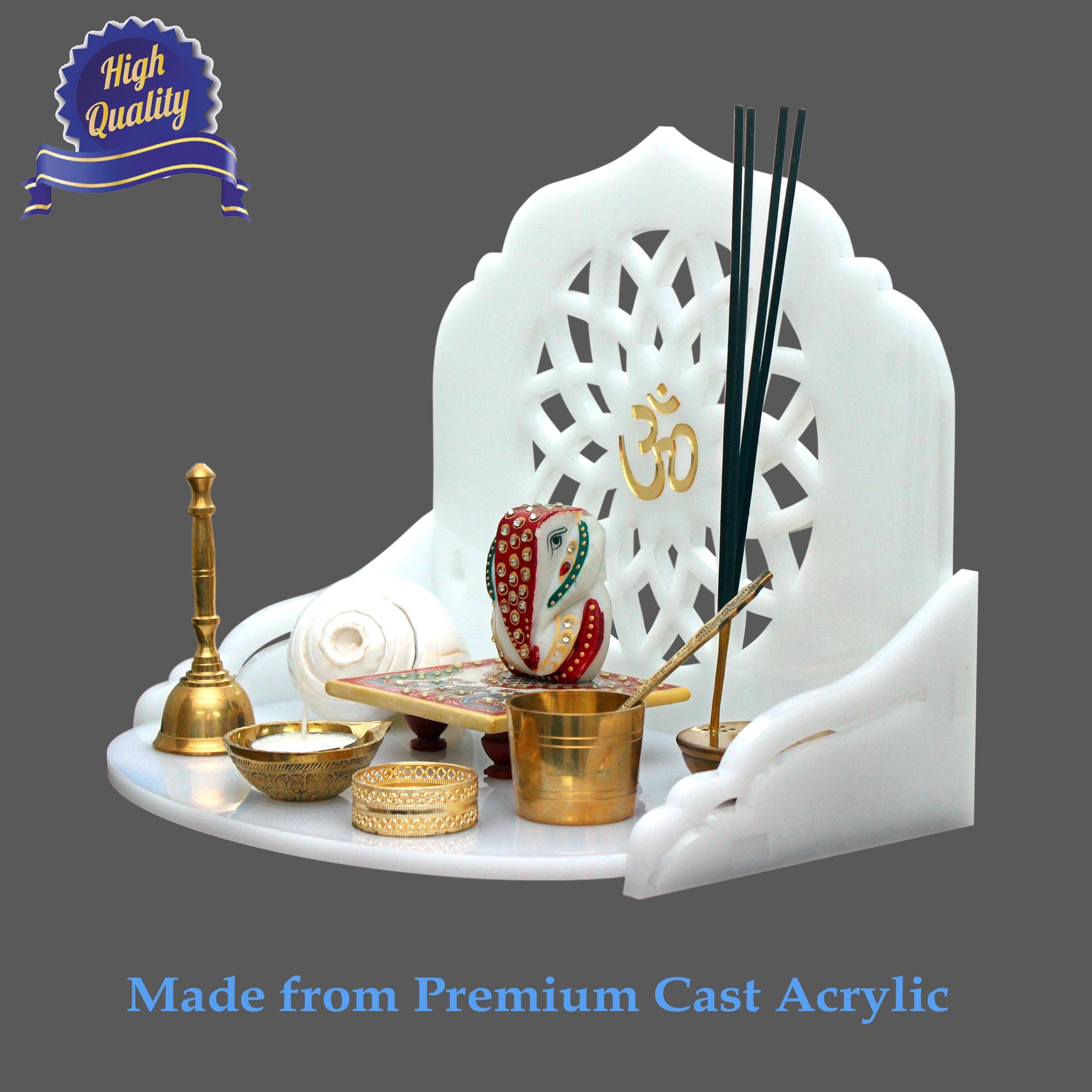 Heartily : Wall Mounted White Cast Acrylic Home Pooja Temple Mandir Puja Room Items Stand Home Decor Office Chowki Shelf Hanging Product (Height- 9.92, Length- 12 , Width-9.0 Inch) (White)