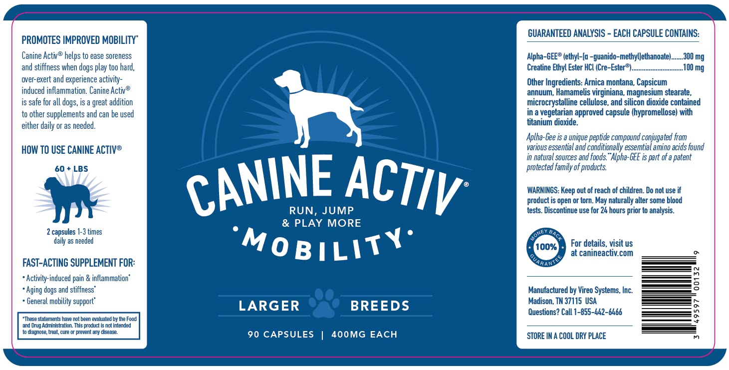 CANINE ACTIV - Dog Joint Pain Relief Activity-Induced Capsules, Dog Joint Supplement Large Breed, Hip and Joint Supplement, Dog Joint Pills for Fast Relief from Activity-Induced Pain - 90 Ct