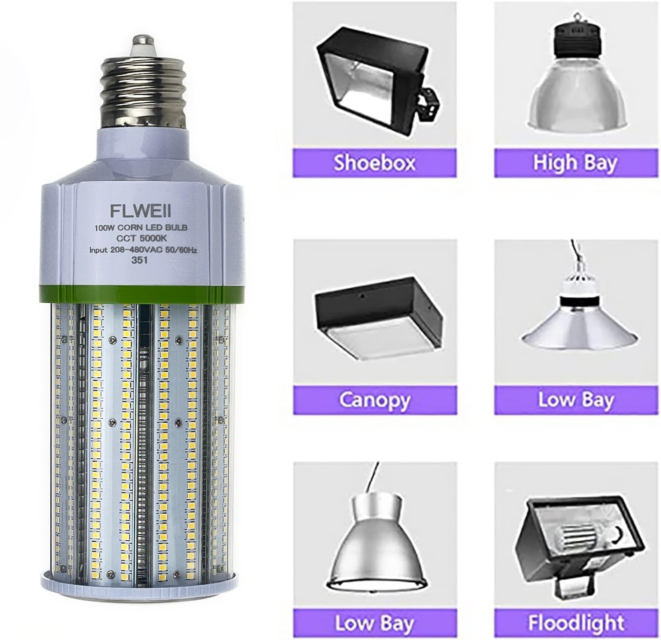 FLWEII LED Corn Light Bulb, 208-480V 100W E39 Mogul Base 5000K,14000 LM Replacement 400W HPS/MH for Indoor Outdoor Garage Warehouse Factory Backyard