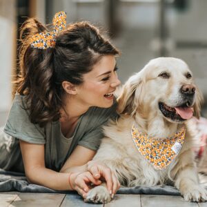 E-Clover Dog Bandanas & Matching Scrunchie Set Girl Flower Dog Scarf Bibs with Hair Tie Headbands for Medium Large Dogs Owner Mom Outfit Yellow