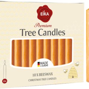 Eika Premium 10% Beeswax Tree Candles - Pack of 20 Honey Colored Natural Christmas Wax Candles for Pyramids, Carousels & Chimes - Made in Europe