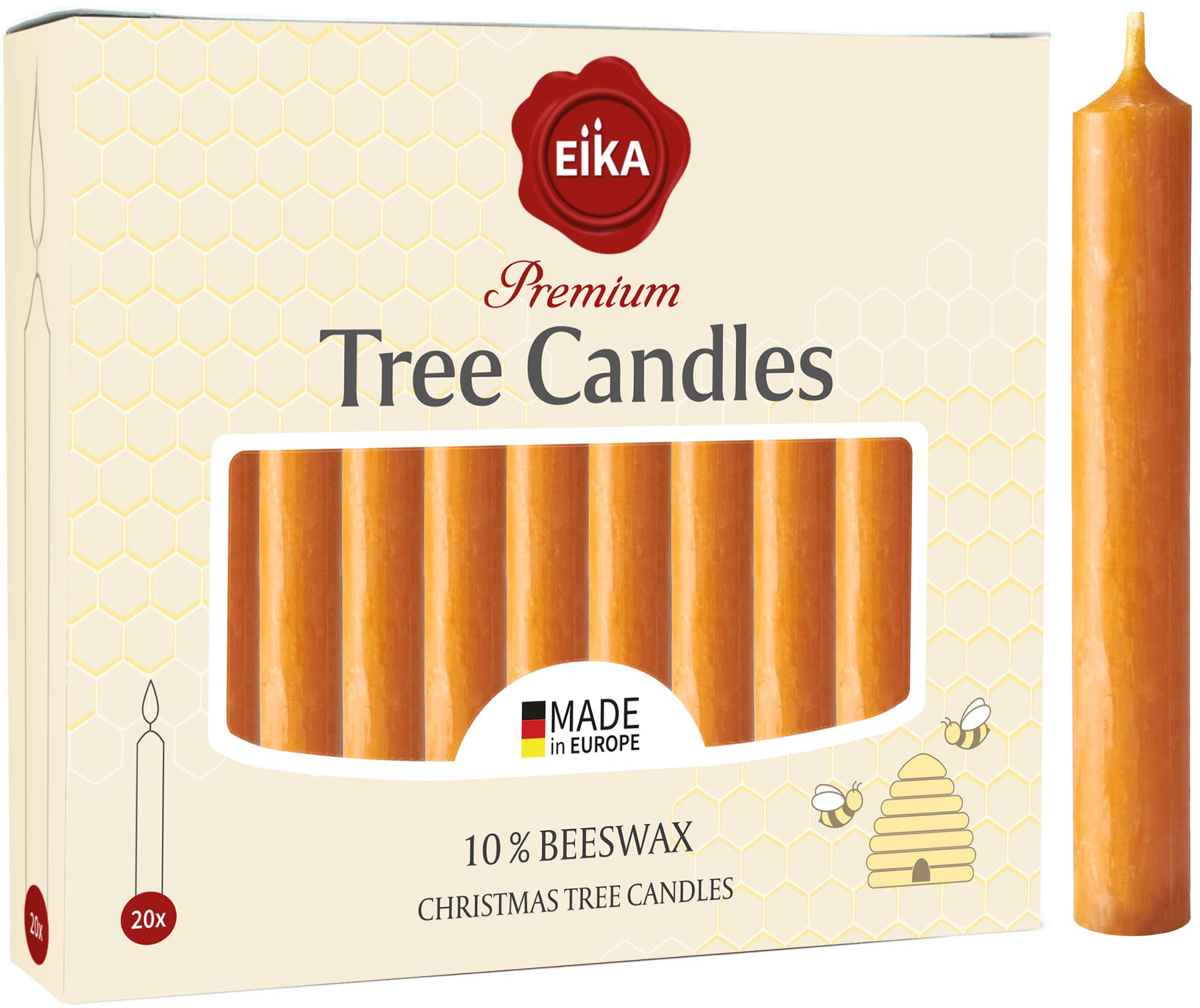 Eika Premium 10% Beeswax Tree Candles - Pack of 20 Honey Colored Natural Christmas Wax Candles for Pyramids, Carousels & Chimes - Made in Europe