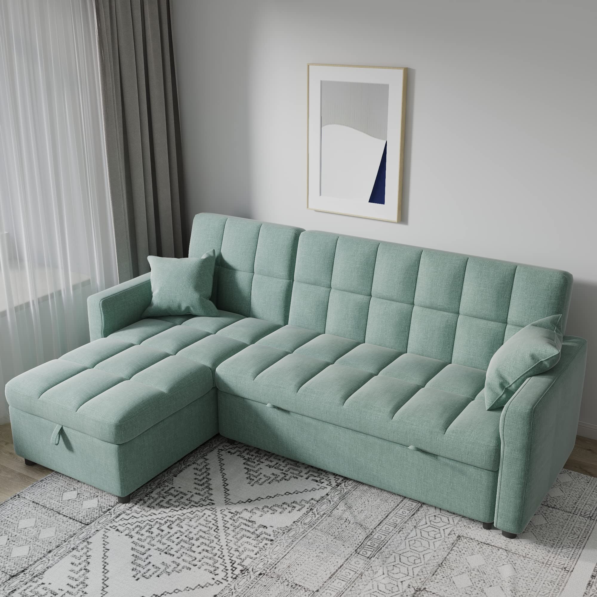 Sectional Sleeper Sofa Couch with Pull Out Bed, Sofa Bed with Storage Chaise for Living Room, Convertible L-Shaped Couch 3 Seat with Pillows (Green)