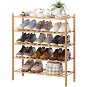 bmosu 5-tier bamboo shoe rack premium stackable shoe shelf storage organizer for hallway closet living room entryway organizer (natural bamboo)