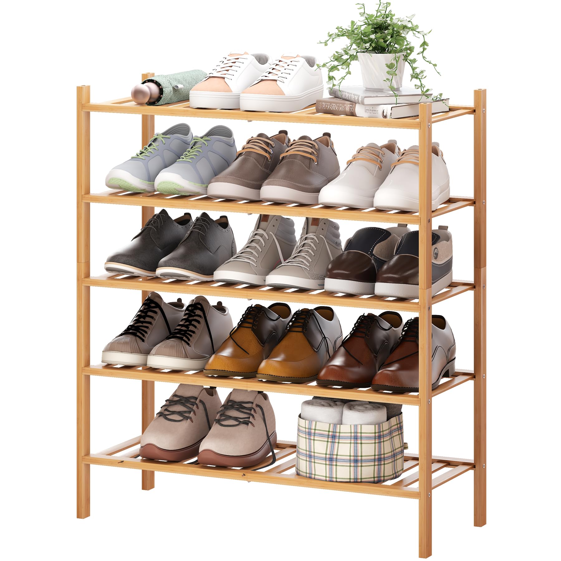 BMOSU 5-Tier Bamboo Shoe Rack Premium Stackable Shoe Shelf Storage Organizer for Hallway Closet Living Room Entryway Organizer (Natural Bamboo)