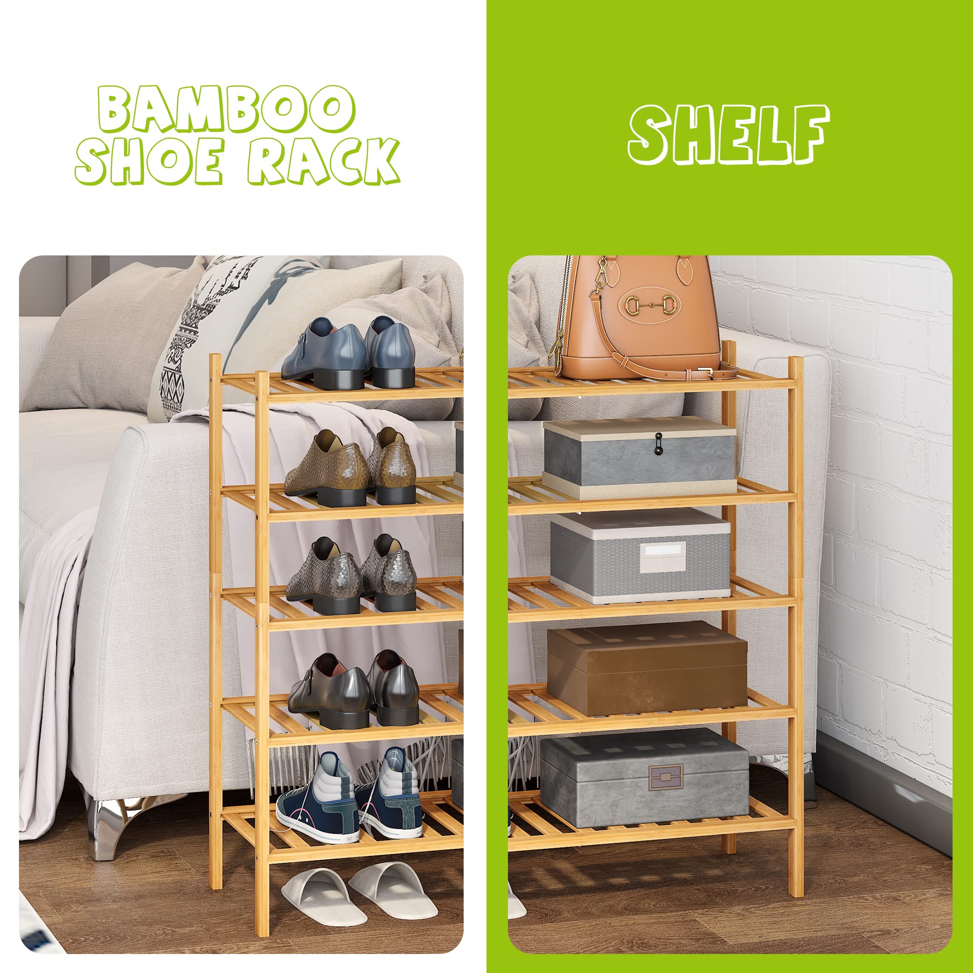 BMOSU 5-Tier Bamboo Shoe Rack Premium Stackable Shoe Shelf Storage Organizer for Hallway Closet Living Room Entryway Organizer (Natural Bamboo)