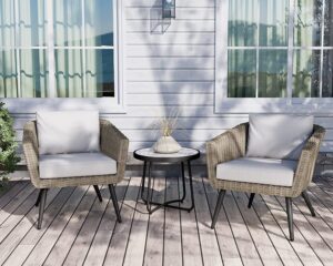 grand patio 3-piece patio bistro set with heavy-duty anti-rust aluminum frame wicker outdoor conversation chairs sets with coffee table for balcony yard gray cushions