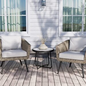 Grand patio 3-Piece Patio Bistro Set with Heavy-Duty Anti-Rust Aluminum Frame Wicker Outdoor Conversation Chairs Sets with Coffee Table for Balcony Yard Gray Cushions