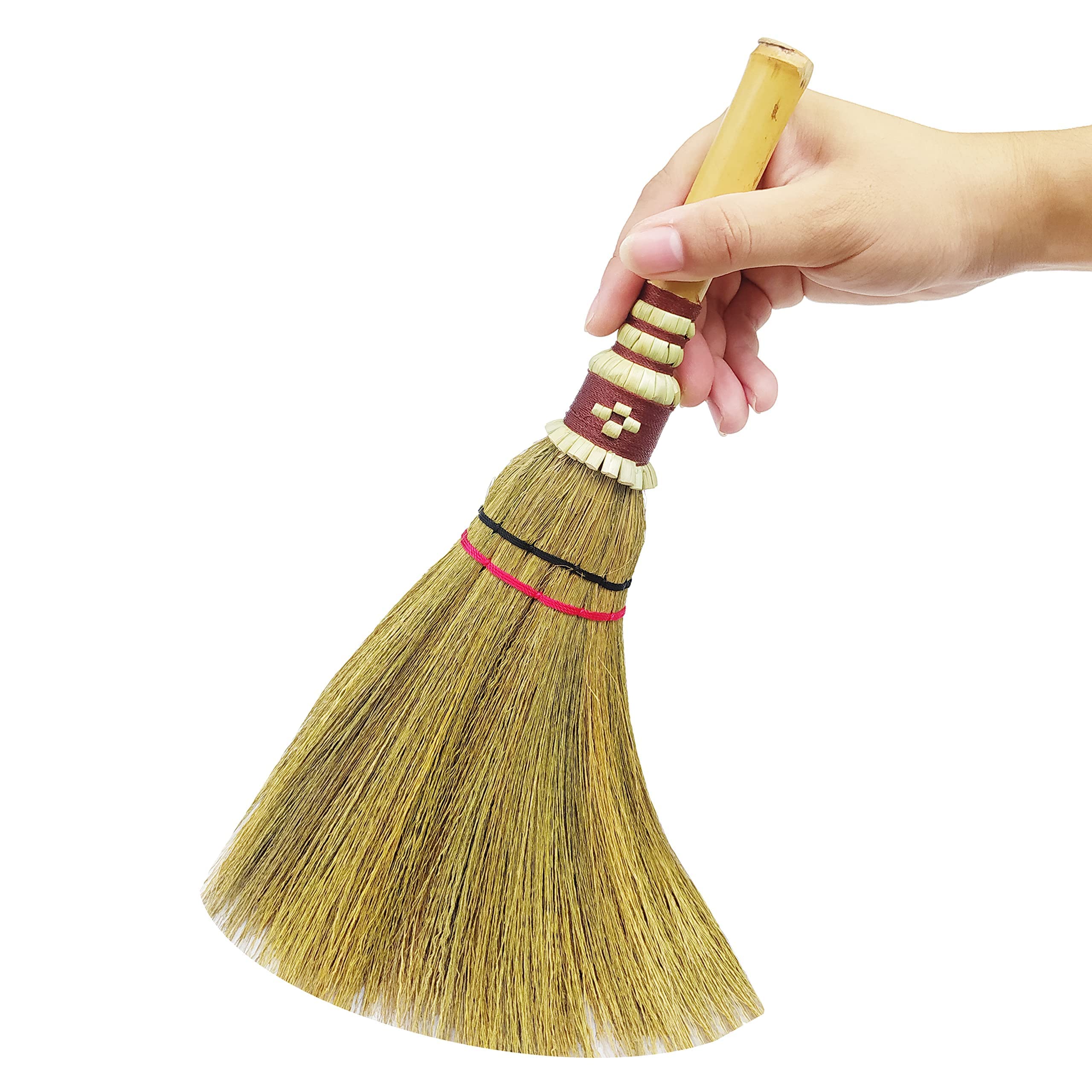 Handmade,Natural Grass Asian, Whisk Broom Thai, Handle Bamboo, Soft Brush Mini with Solid Wood Handle Retro Nature No Static Electricity Sweeping 13in