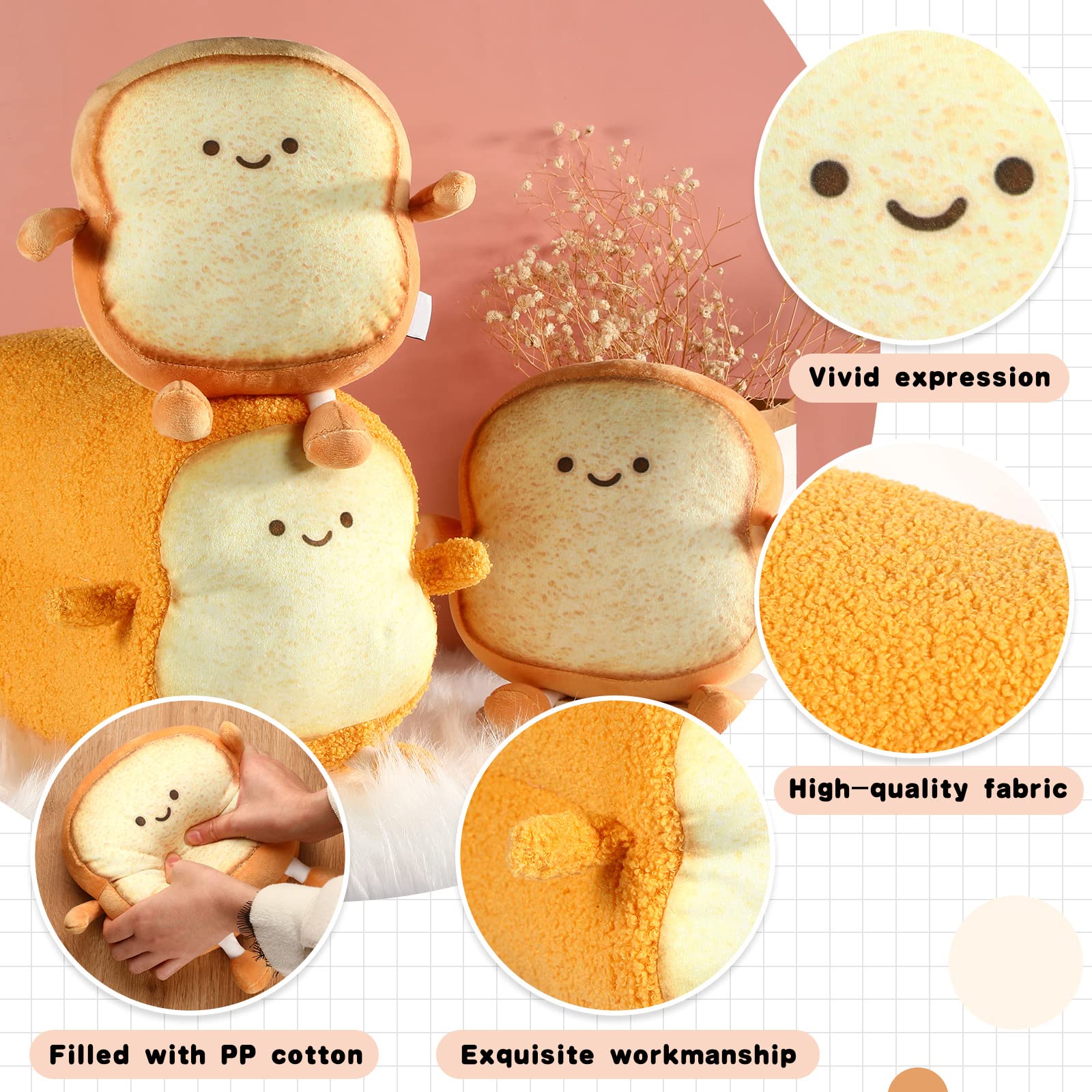 Yookeer 3 Pcs Funny Bread Pillow Toast Plush Stuffed Pillow 2 Size Cute Toast Sliced Cushion Kawaii Food Plushies Gifts for Kids Birthday Thanksgiving Christmas Decoration