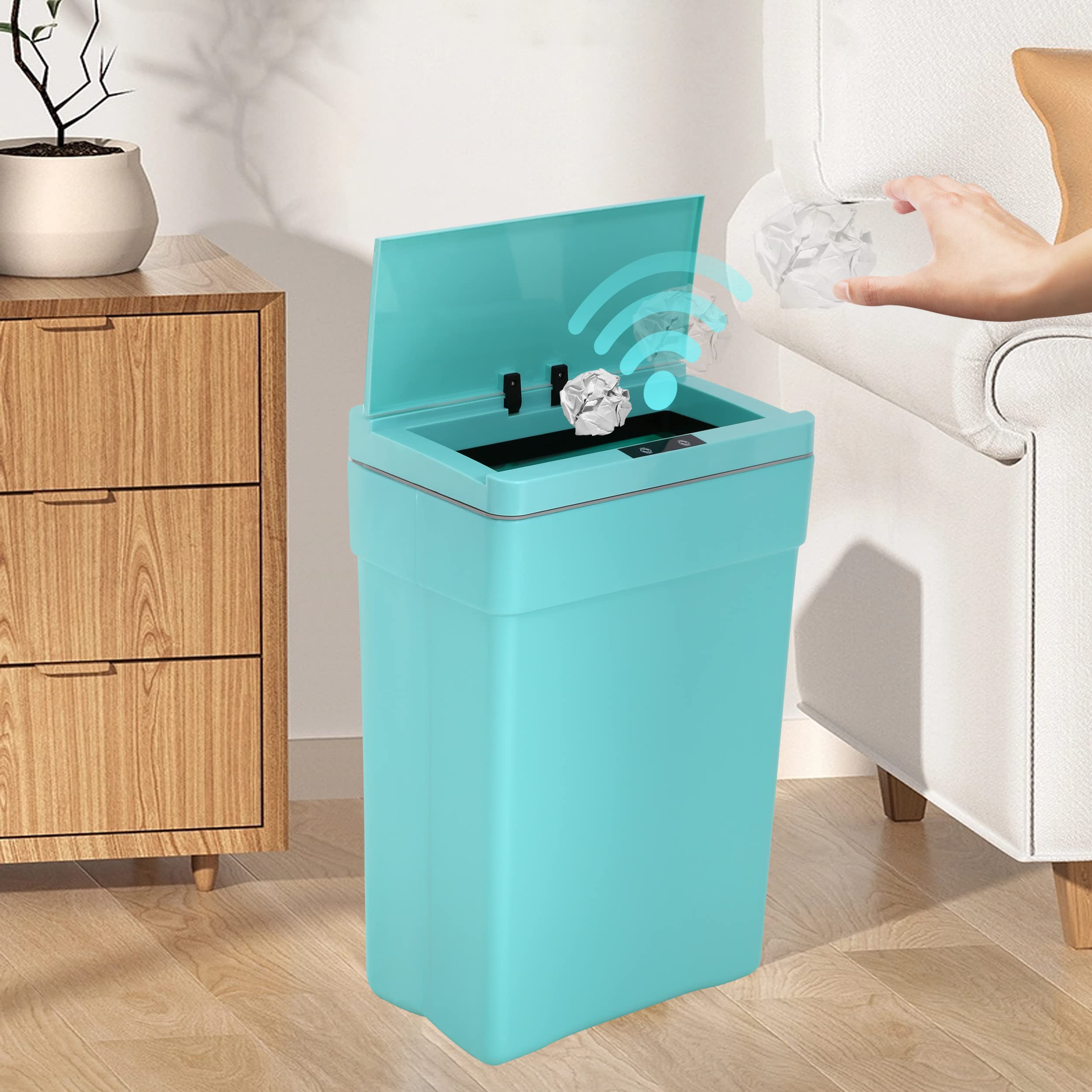 BLKMTY 13 Gallon Trash Can with Lid, Blue, Polypropylene, 13.0 Gallons, Touchless Trash Can, Automatic Garbage Bin, No Odor, Healthy Life