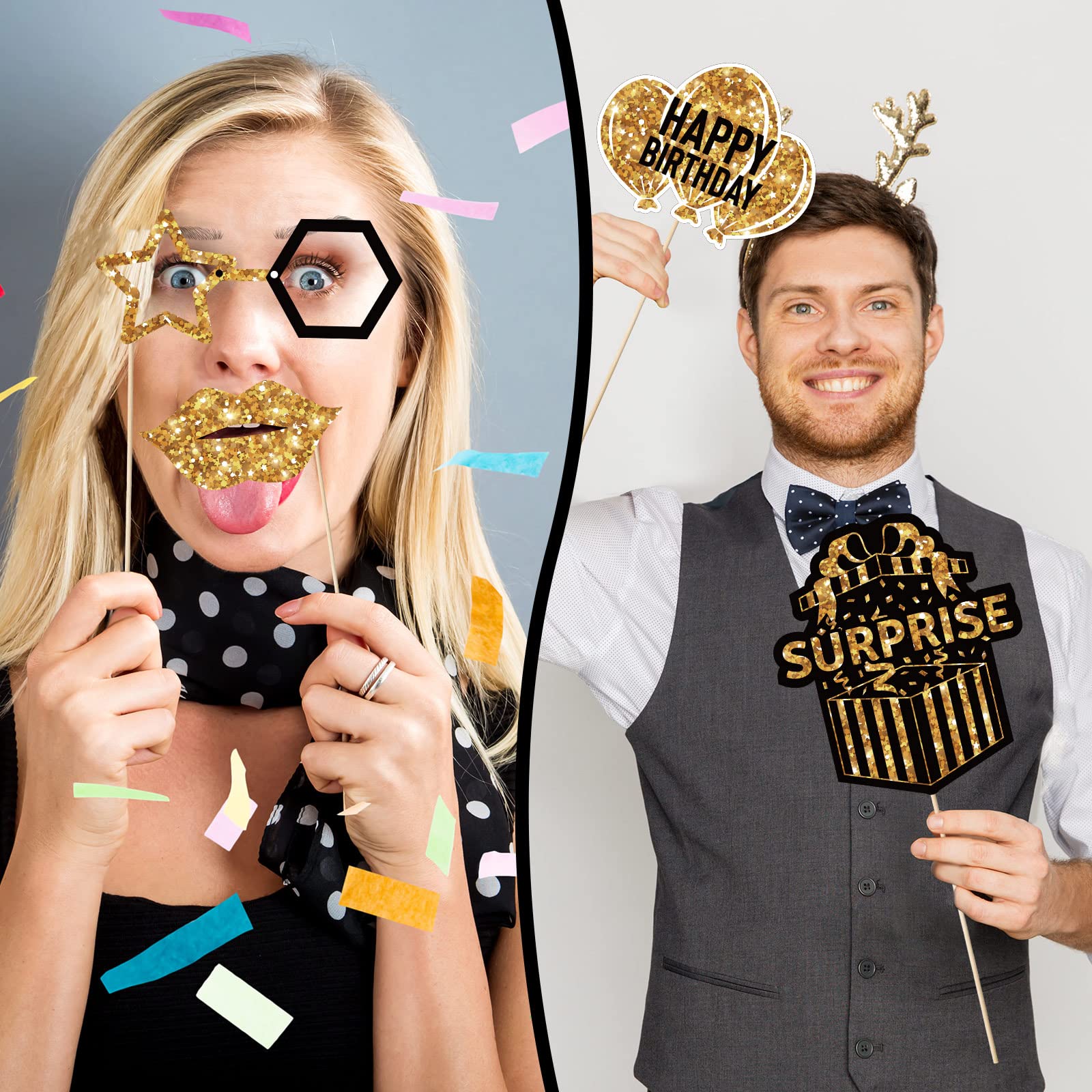 36 Pcs Birthday Photo Booth Props Kit 40th- 50th-60th Happy Birthday Wedding Party Favors Supplies Bday Party Decor Photobooth Funny Cute Holiday Birthday Party Supplies(Gold and Black)