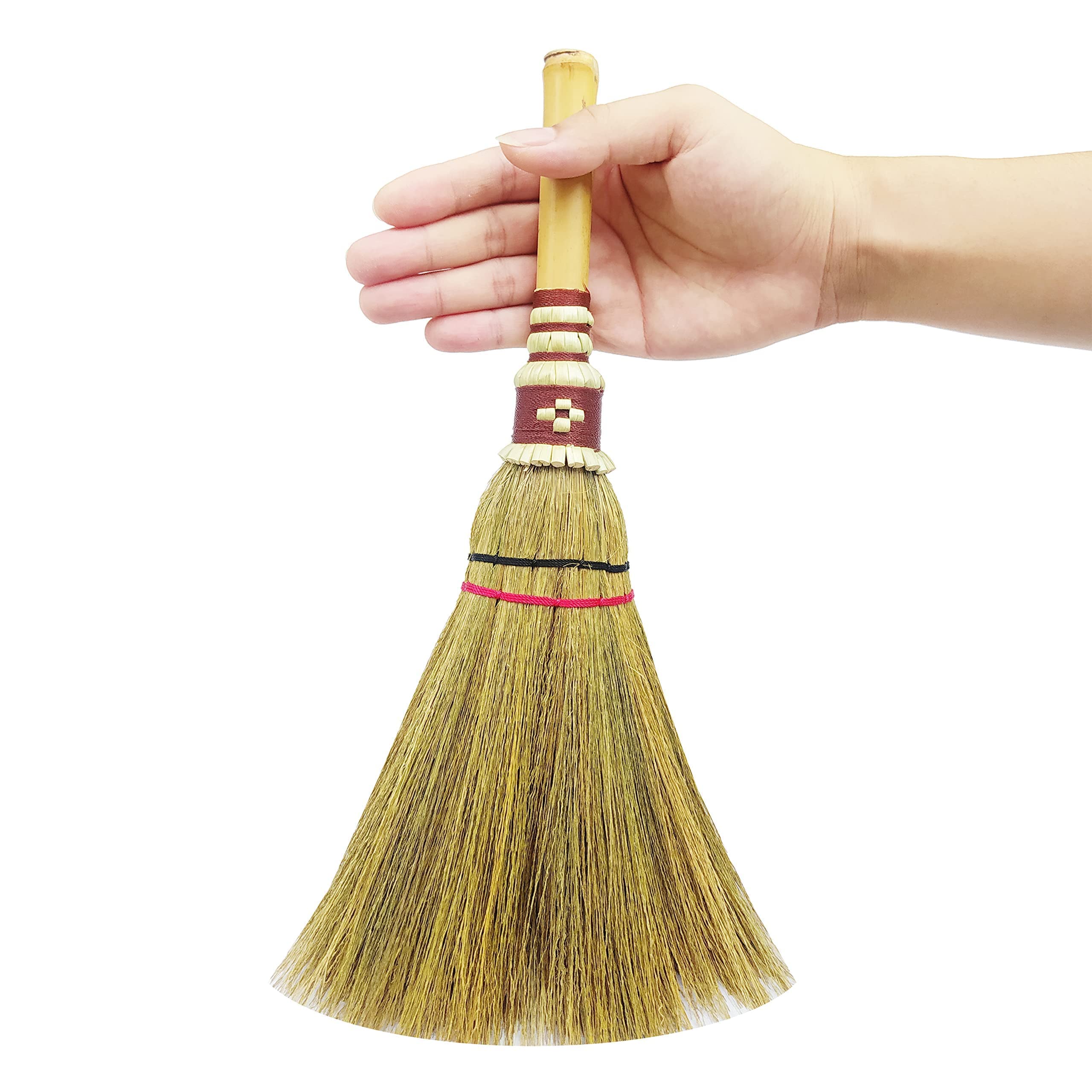 Handmade,Natural Grass Asian, Whisk Broom Thai, Handle Bamboo, Soft Brush Mini with Solid Wood Handle Retro Nature No Static Electricity Sweeping 13in