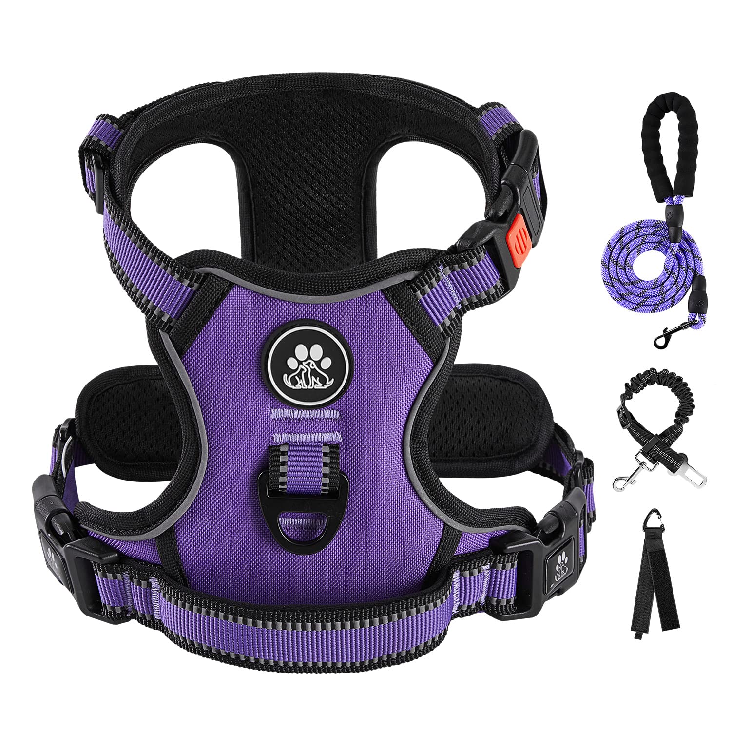 IVY&LANE No Pull Dog Harness for Small Dogs, Dog Vest Harness with Leash, Safety Belt and Storage Strap, Fully Adjustable Harness, 360° Reflective Strip, Soft Handle (Purple, S)