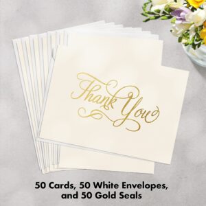 Designer Greetings Bulk Blank Thank You Cards for Any Occasion, Gold Foil Embossed Script (50 Foil-Embossed Thank-You Notes and Envelopes), White, (000-06919-001)