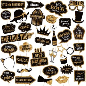 36 pcs birthday photo booth props kit 40th- 50th-60th happy birthday wedding party favors supplies bday party decor photobooth funny cute holiday birthday party supplies(gold and black)