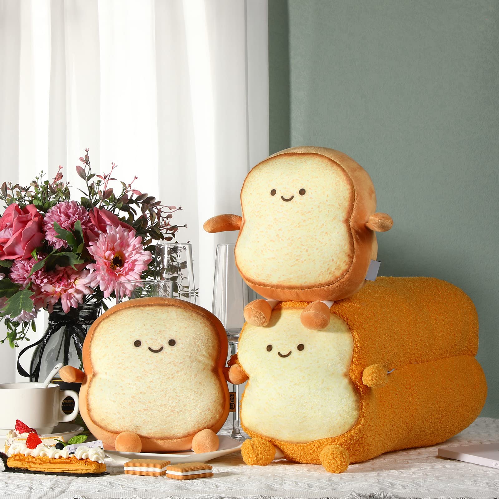 Yookeer 3 Pcs Funny Bread Pillow Toast Plush Stuffed Pillow 2 Size Cute Toast Sliced Cushion Kawaii Food Plushies Gifts for Kids Birthday Thanksgiving Christmas Decoration