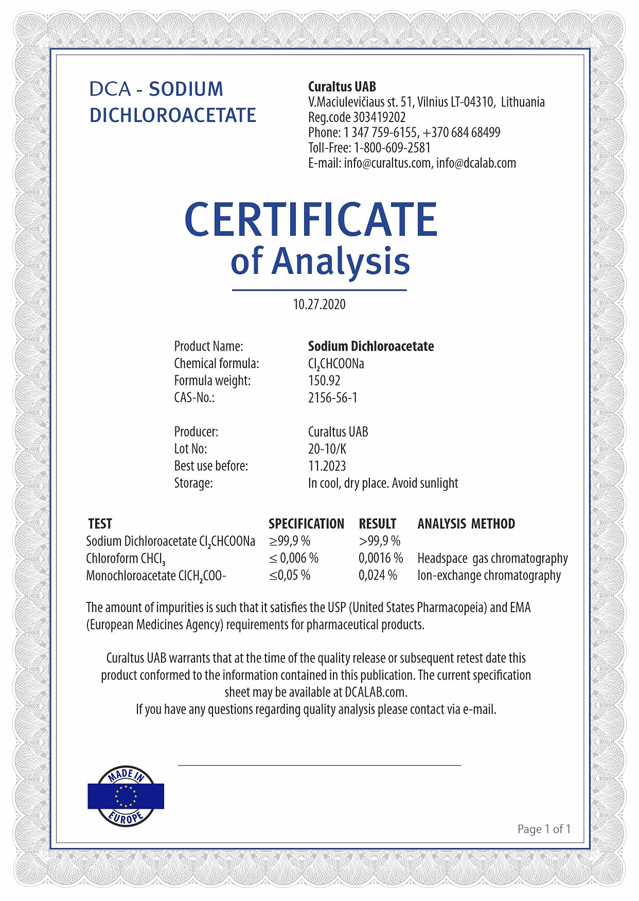 DCA - Sodium Dichloroacetate 25g Powder, Purity >99.9%, Made in Europe, by DCA-LAB, Certificate of Analysis Included, Tested in a Certified Laboratory, Buy Directly from Manufacturer, 0.9oz