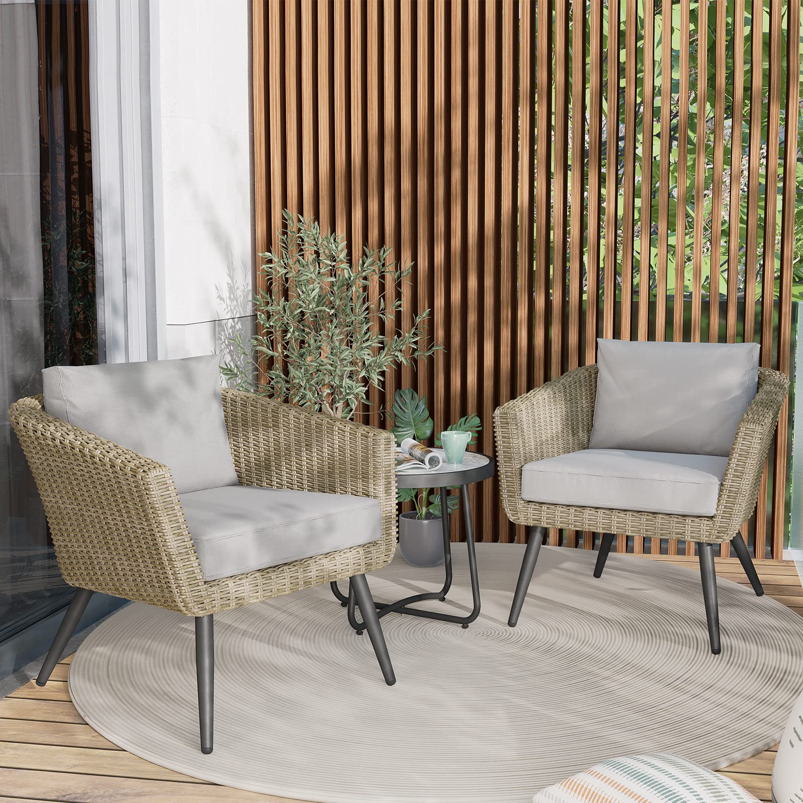 Grand patio 3-Piece Patio Bistro Set with Heavy-Duty Anti-Rust Aluminum Frame Wicker Outdoor Conversation Chairs Sets with Coffee Table for Balcony Yard Gray Cushions