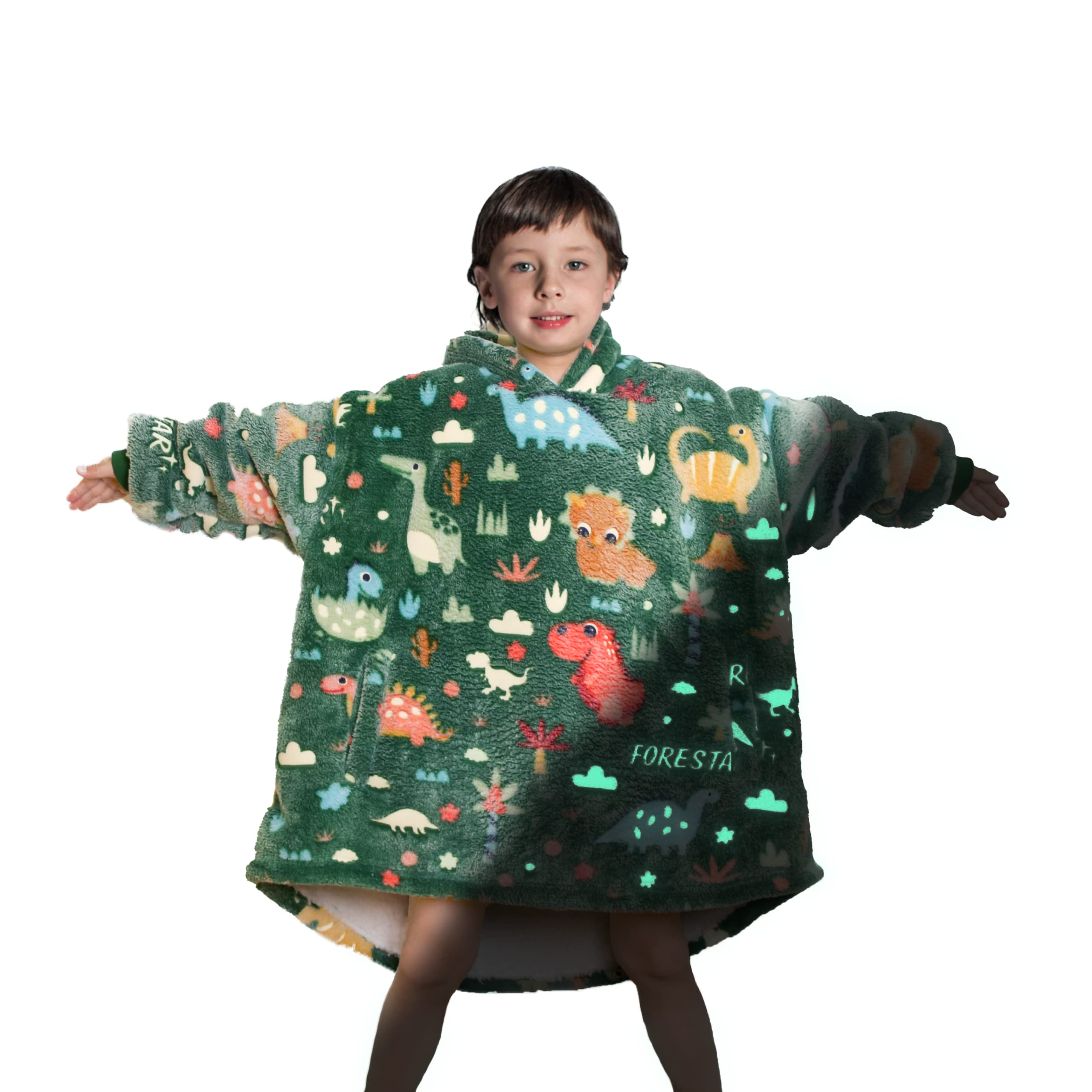 FORESTAR Glow in the Dark Wearable Blanket, Christmas Birthday Gifts for Kids Girls Boys 4-10 YR, Thickened Warm Oversized Sherpa Hoodie with Pockets, Dino