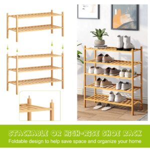 BMOSU 5-Tier Bamboo Shoe Rack Premium Stackable Shoe Shelf Storage Organizer for Hallway Closet Living Room Entryway Organizer (Natural Bamboo)