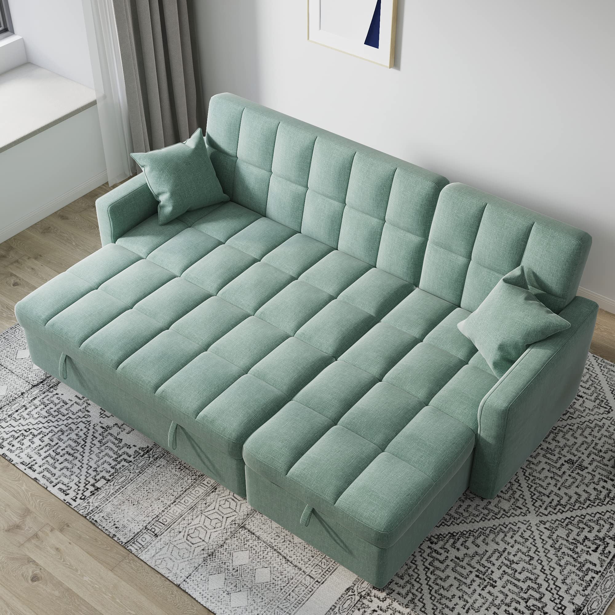 Sectional Sleeper Sofa Couch with Pull Out Bed, Sofa Bed with Storage Chaise for Living Room, Convertible L-Shaped Couch 3 Seat with Pillows (Green)